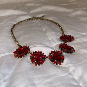 Silver and Red Gems with Gold Adjustable Chain Statement Necklace